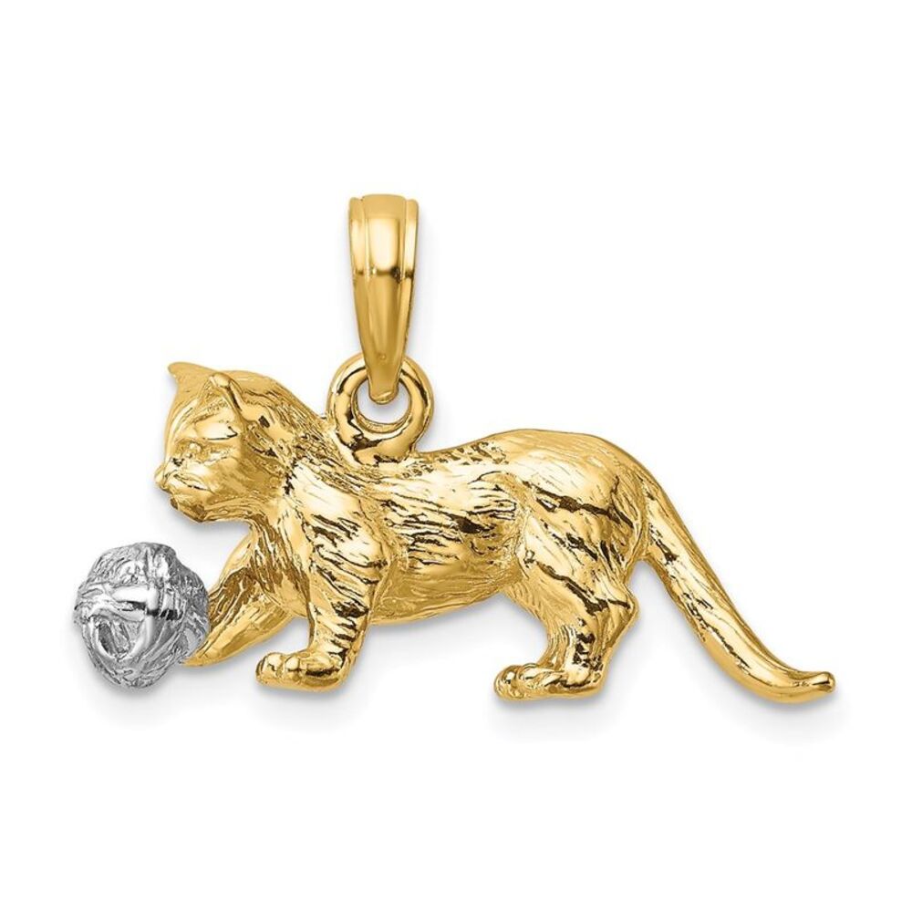 14k Yellow Gold Two-Tone 3-D Cat Playing With Mov… - image 1